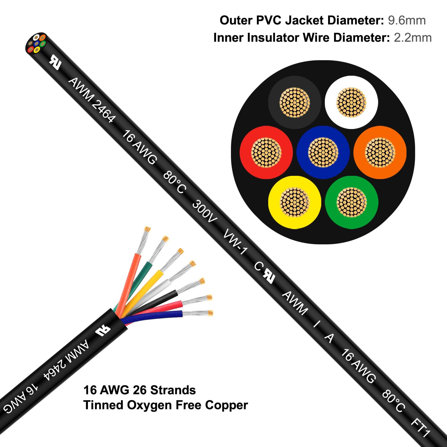 UL2464 100FT 16 Gauge 7 Conductor Electrical Wire, Tinned Oxygen F