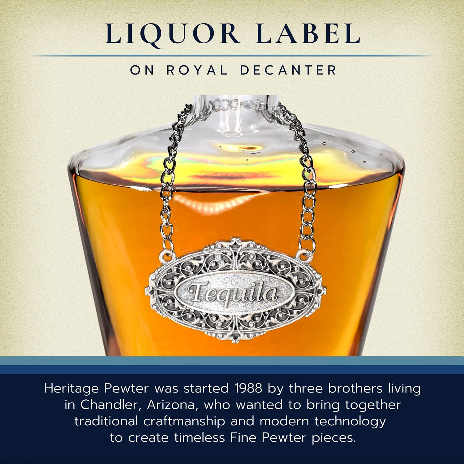 Heritage Pewter Tequila Liquor Decanter Label – Tequila Liquor Tag with Adjustable Chain | Perfect for Housewarming Gift, Parties, Holidays, & Anniversaries | Expertly Crafted Fine Pewter