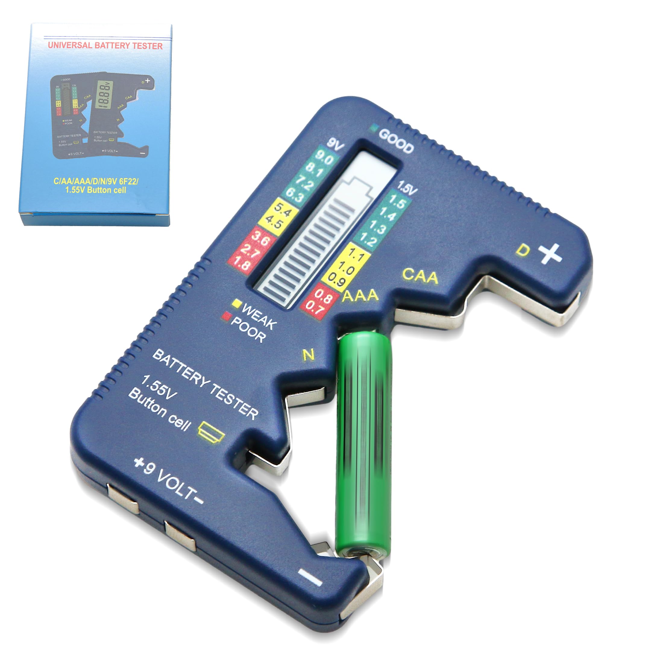 amtast battery tester checker 7 seven type of battery c, aa, aaa, d, n, 9v (6f22), 1.55v button cell batteries tester