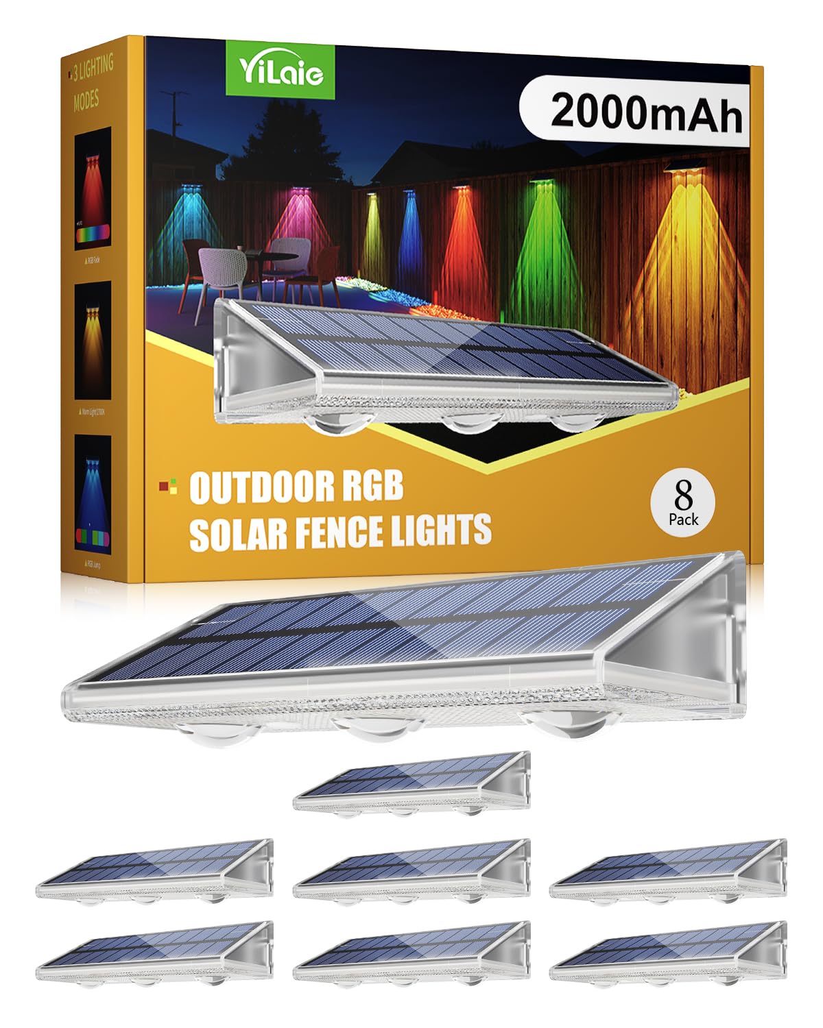 YiLaie Solar Fence Lights Outdoor, Upgrade 2000 mAh Solar Wall Lights, 7 Colors & 8 Lighting Modes, IP67 Waterproof, RGB Fence Lights for Backyard Wall Step Patio Railing Pool Porch (8 Pack)