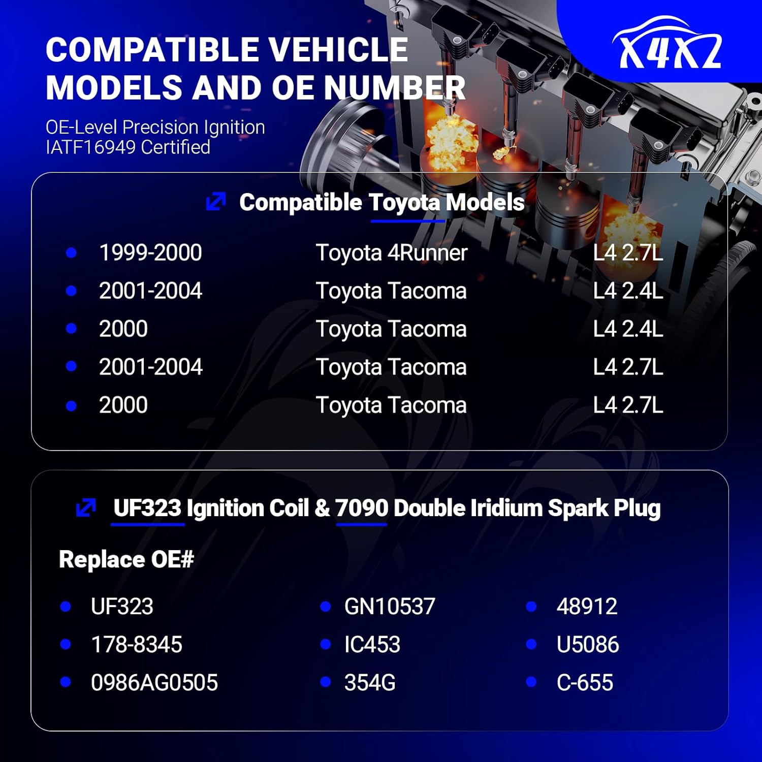 UF323 Ignition Coil & 7090 Double Iridium Spark Plug for TOYOTA 1999-2000 4Runner,2000-2004 Tacoma L4 2.4L 2.7L Replaces# C1305 UF323 909190223 9091902237 C1305 5C1304 E353 521690 IC453