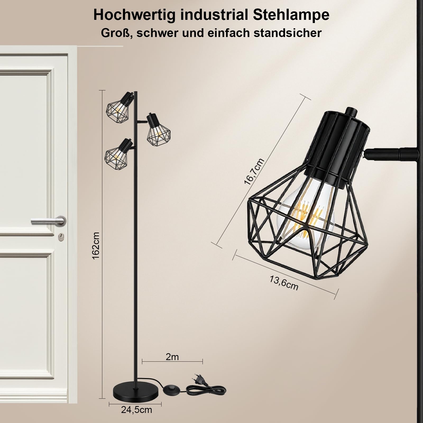 HiBay Stehlampe LED E27 3 Flammig Stehleuchte Schwarz Industrial Floor Lamp mit Fußschalter Stehlampen Rustikale für Wohnzimmer, Schlafzimmer, Büro(Ohne Leuchtmittel) | LED Floor Lamp Rustikale mit Stecker Industriell Metall 230V Max. 60 Watt für Wohnzimm