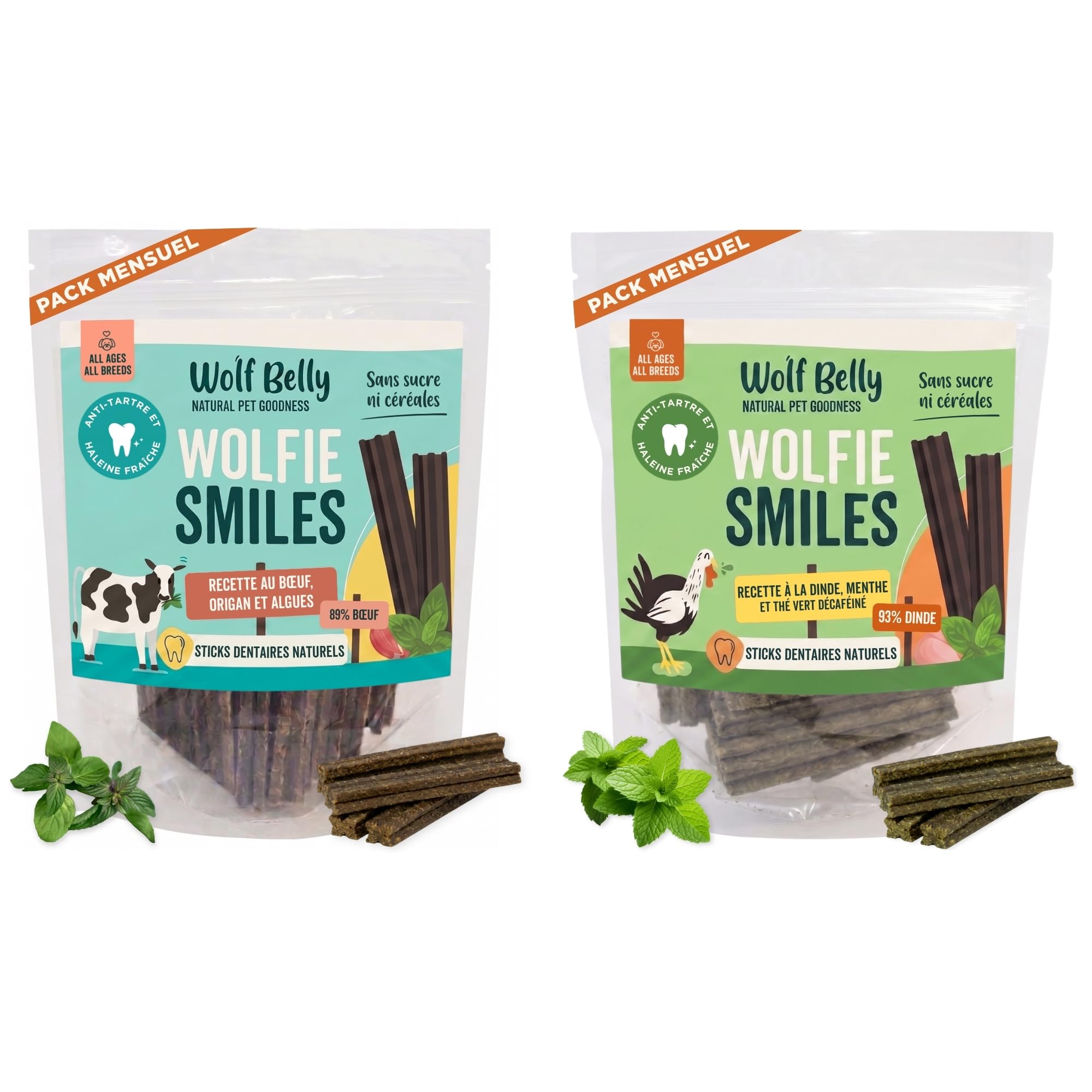 Wolf Belly - Pack de Sticks Dentaires Naturels pour Chiens (56 unités) Dinde 93% + Bœuf 89% | sans Céréales et Riches en Protéines | Hygiène Dentaire Quotidienne - Fabriqué en UE