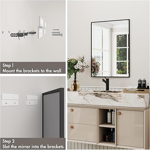 Miniatura 5 de LUSABE Espejo de baño con marco negro de 30 x 36 pulgadas, espejo de tocador para pared, espejo rectangular moderno para granja, marco de aleación