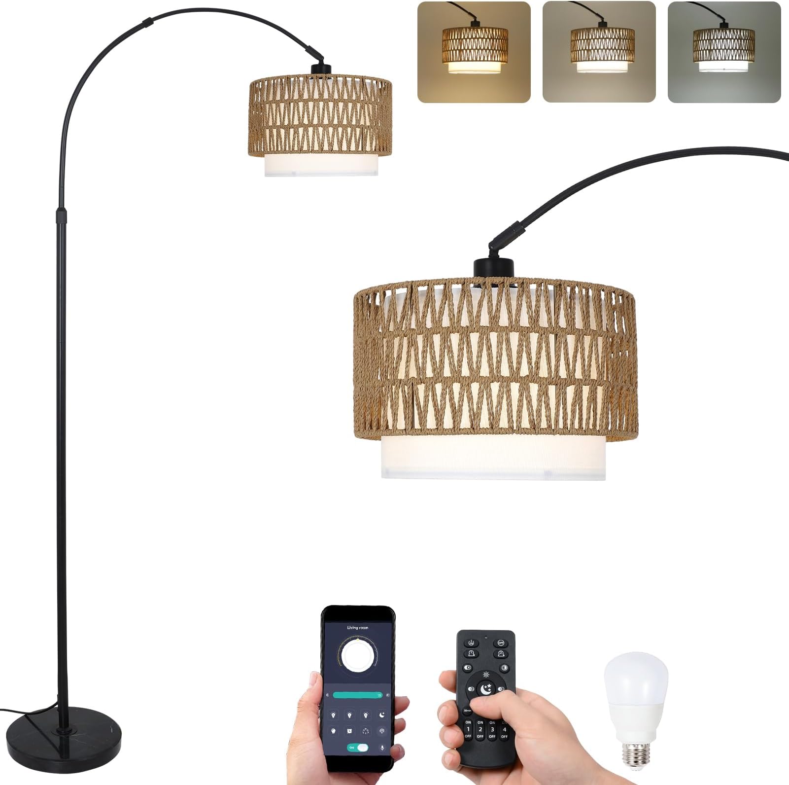 Arc Floor Lamp with Remote, Modern LED Floor Lamp with Dimmable Bulb, Boho Farmhouse Standing lamp with Fabric & Rattan Lampshades, Height Adjustable Black Tall Lamp for Living Room Bedroom