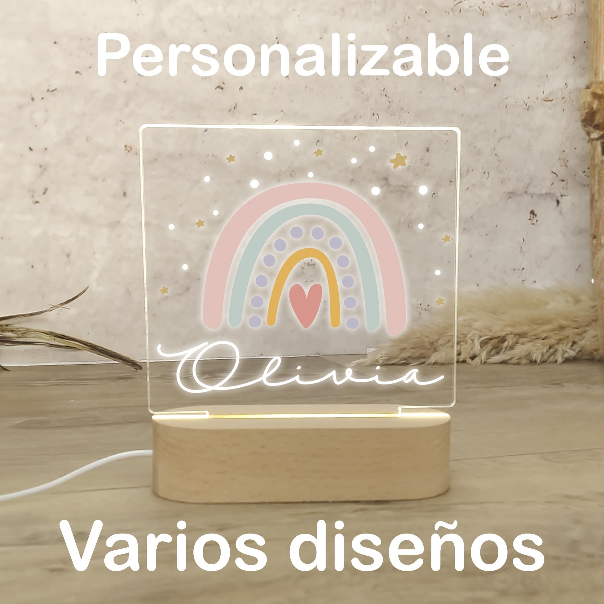Lampara Quitamiedos Infantil Personalizada con Nombre Bebés Recien Nacidos de Metacrilato Acrilico Madera con Led Luz Nocturna Mesita Noche (Arcoiris)