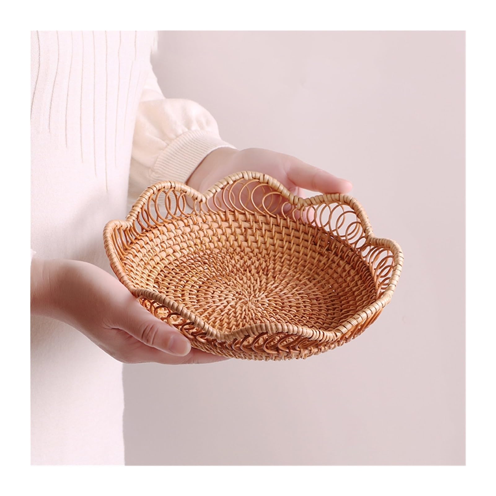 8.66" Hollow Rattan Wicker Bread Basket Natural Woven Fruit Serving Storage Bowls Hand Woven Food Baskets Decorative Baskets for Kitchen Counter Organizing