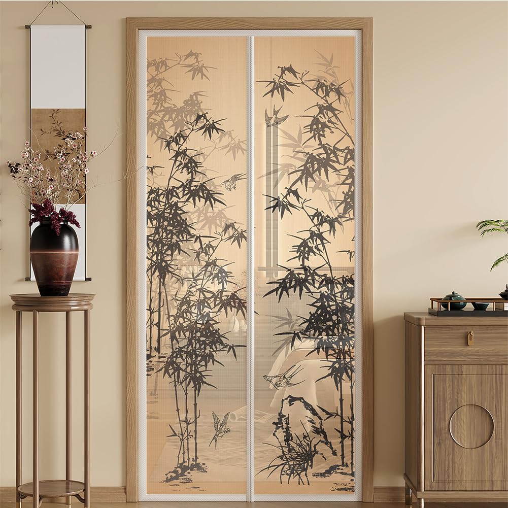 Hiseng Mosquitera Puerta Magnética, Malla de Tejido Fino, Mosquitera para Puerta con Imanes Potentes, Instalación Sin Taladro, Malla Transpirable y Antidesgarro (Hoja de bambú,100x210cm)