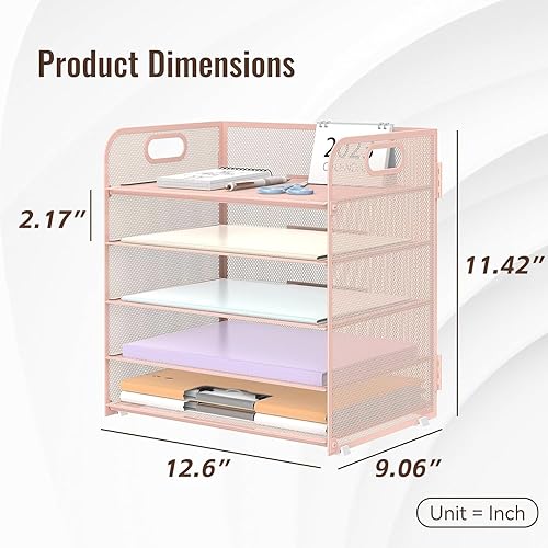 Miniatura 6 de Supeasy Organizador de papel con 5 bandejas, bandeja de cartas con asa de malla, organizador de archivos de escritorio, clasificador de papel rosa