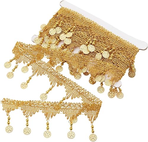 Miniatura 6 de PH PandaHall Cinta de encaje de filigrana de 4.9 yardas, ribete de flecos dorados, cinta de encaje de filigrana con borlas de cuentas decorativas