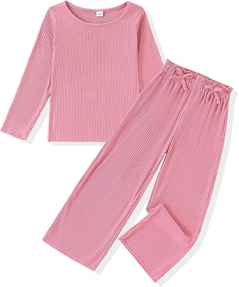 Girls Autumn 2 Piece Outfits Ribbed Long Sleeve Tops and Wide Leg Pants Kids Set Tracksuit 4-7T