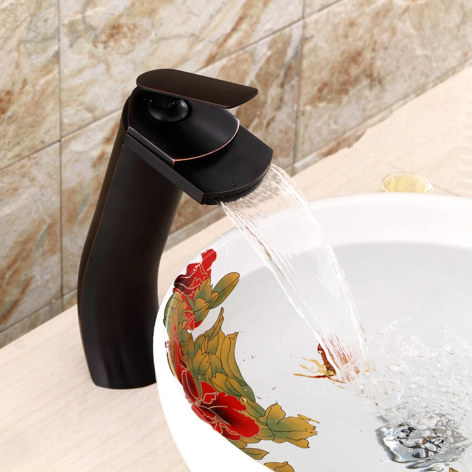 Rubinetto Miscelatore per lavabo da Bagno a Cascata, Cromato, in Ottone Massiccio, con erogazione di Acqua Calda e Fredda, monocomando Alto (Dimensioni: Alto)