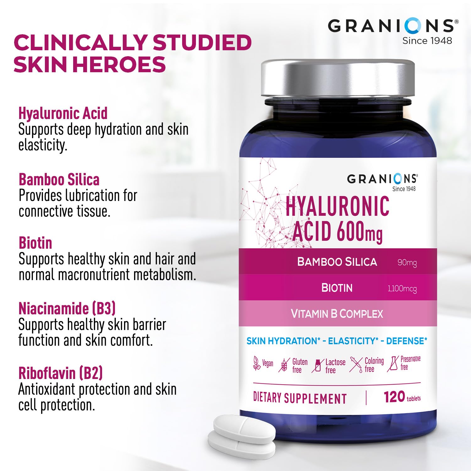 Granions Ultra Dosed Hyaluronic Acid Supplement 600mg - Intense Skin Hydration, Stimulates Collagen Production - Niacin, Biotin, Vitamin B Complex, Oral Hyaluronic Acid Supplements - 120 Vegan Tablets — Amazon image 2
