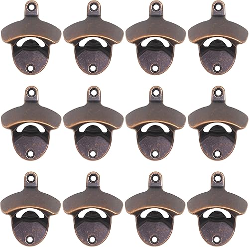 12 piezas de abrebotellas rústico montado en la pared a granel, abridor de tapas de cerveza de pared de acero inoxidable para bricolaje de madera