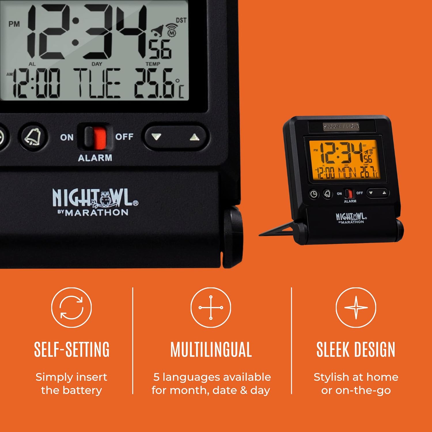 Three icons representing self-setting, multilingual, and sleek design features of the clock.
