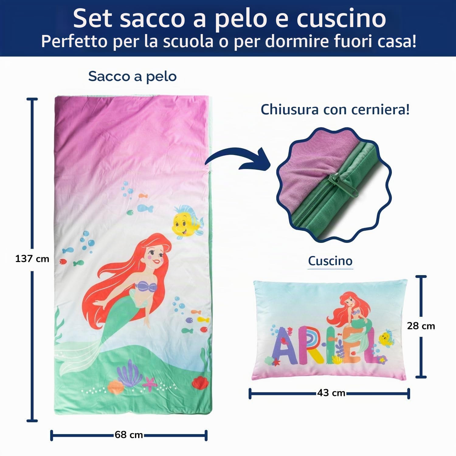 Set sacco a pelo e cuscino Disney La Sirenetta - Comodo sacco nanna da viaggio con manico, ideale per gite scolastiche e pigiama party