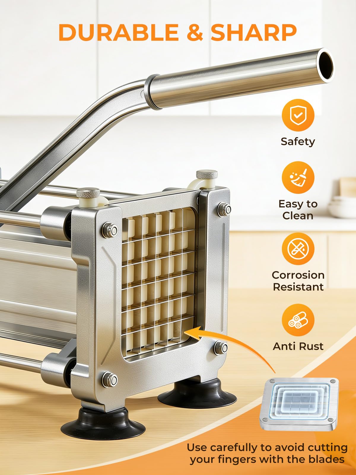 FOHRER Tagliapatate Professionale in Acciaio Inox con 3 Lame (13, 9, 6 mm) per Patate Intere, Carote, Cetrioli, Cipolle e Patate Fritte (Argento)