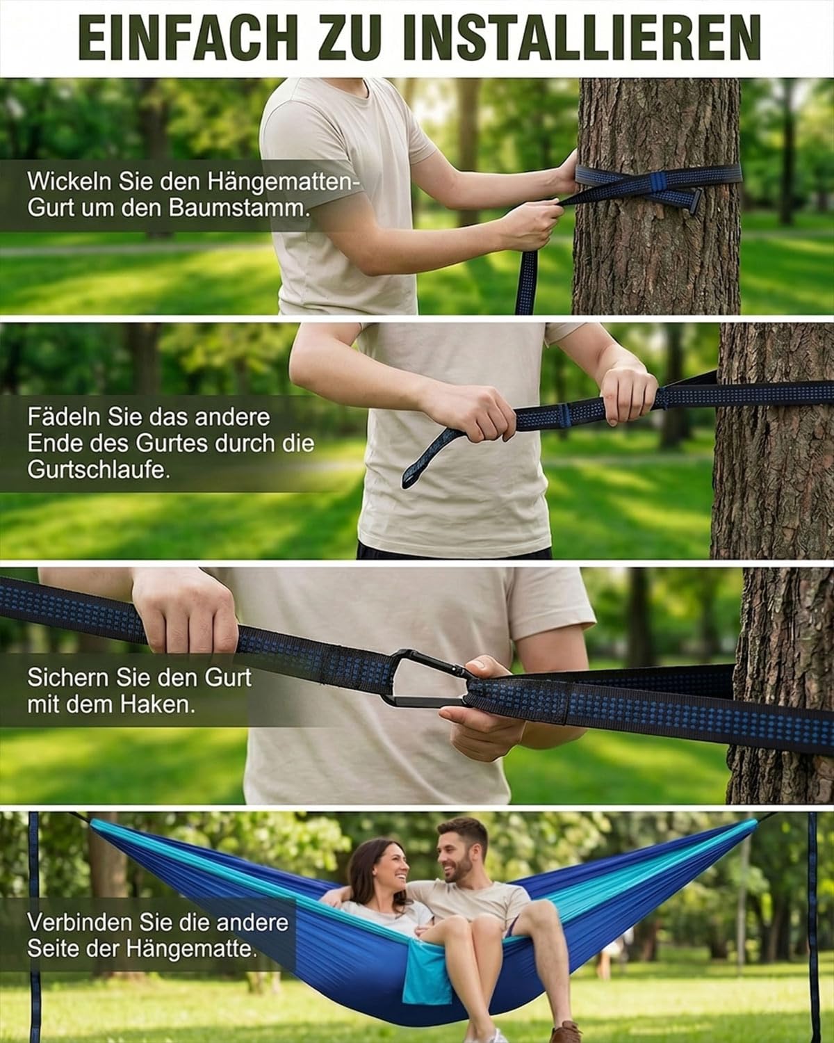 Camping Hängematte Outdoor, Ultraleichte Tragbare Hängematten mit Karabinern und Baumgurten, Campingausrüstung für Kinder, Nylon Reisebaum Hängematten für Garten Wandern Draußen, 270 x 140 cm(Blau)