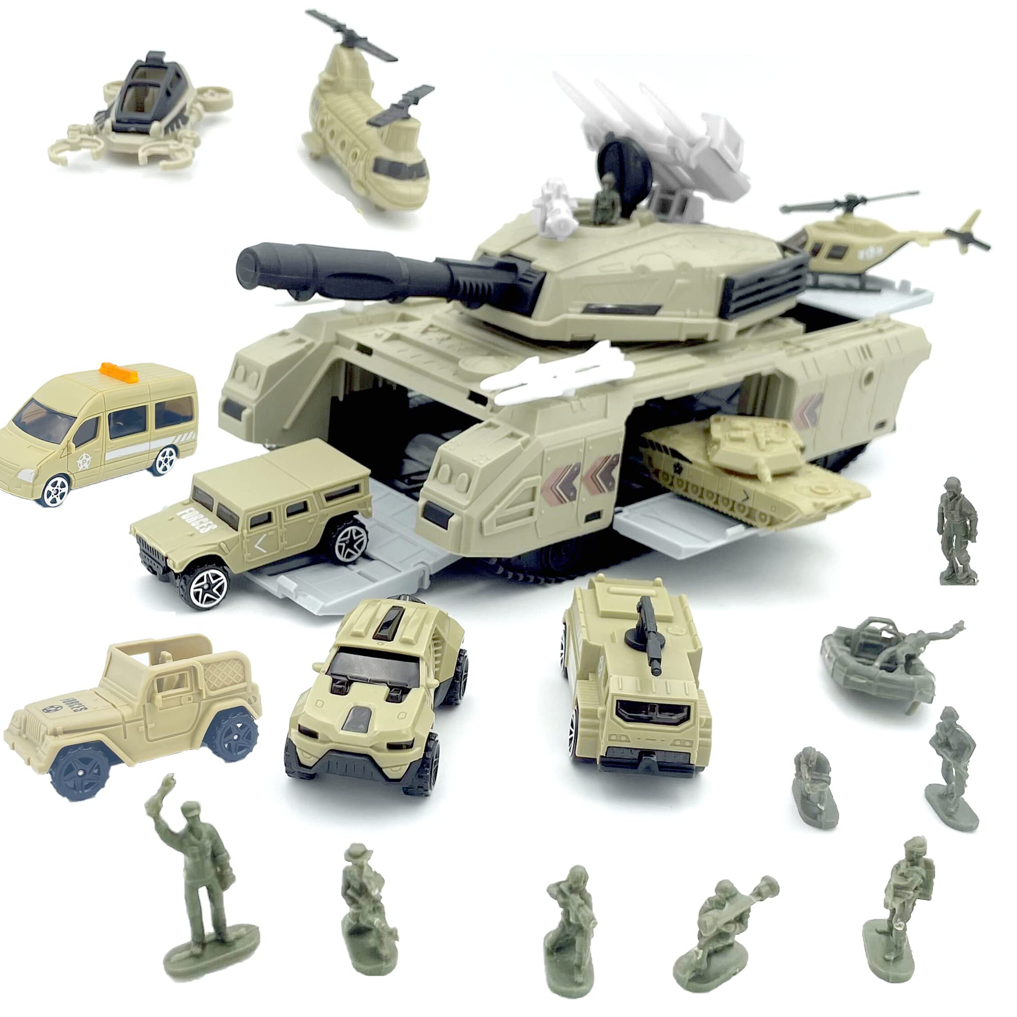 SUORFOXS Tank Toy Sets, Military Transport Tank and 6 Pcs Army Vehicles, Tank & Vehicle Playset with 3 Pcs Aircraft Model Birthday (Tank)