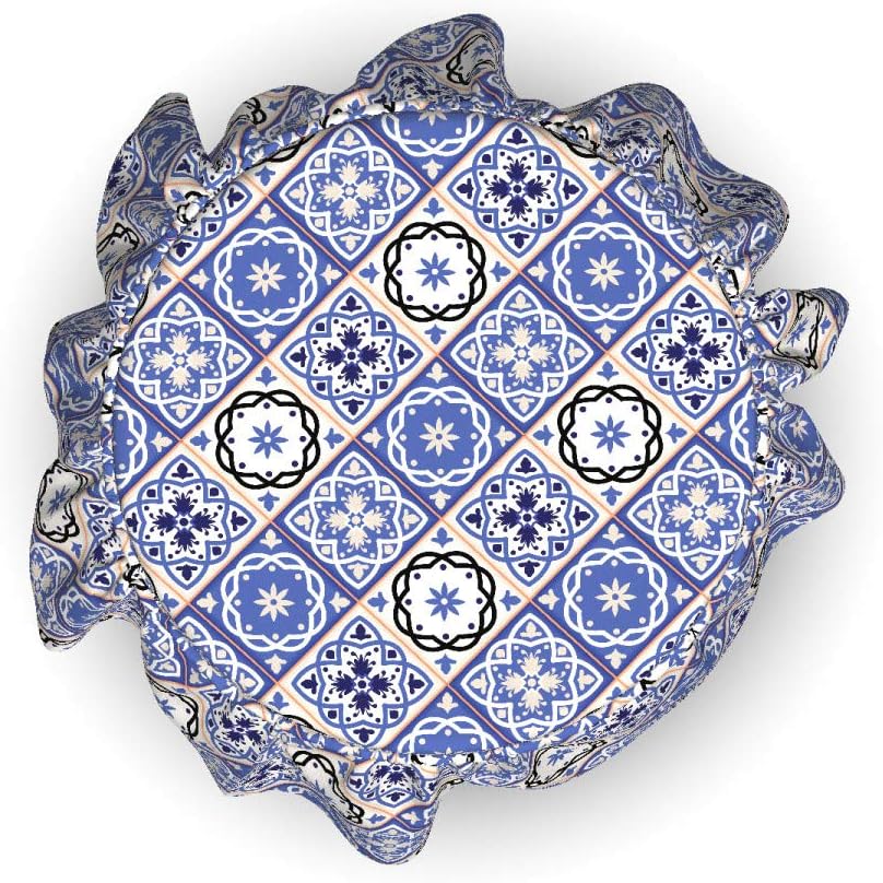 Ambesonne Moroccan Ottoman Cover, Geometric Azulejo Design, 2 Piece Slipcover Set with Ruffle Skirt for Square Round Cube Footstool Decorative Home Accent, Standard Size, Violet Blue Black and Cream