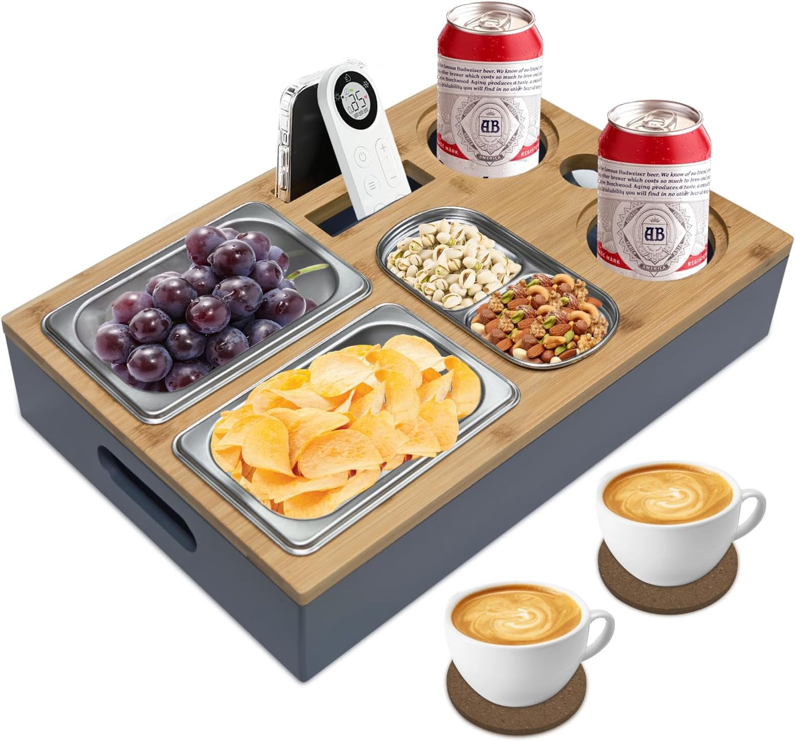Couch-Getränkehalter Mit Bambus-Tablett & Silikoneinsatz – Auslaufsicher, Snack-Tablett Für TV & Bett