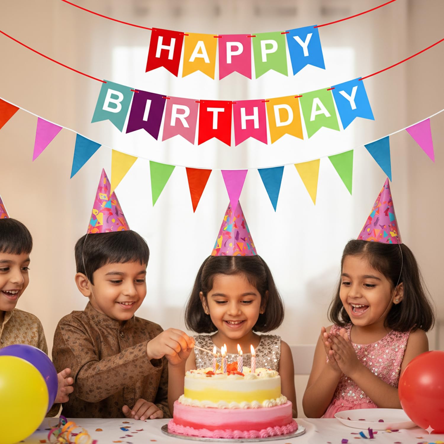 Party Propz Happy Birthday Banner β Set of 2 Birthday Decor Banners, Rainbow Pennant Banner, Multicolor birthday bunting, Paper Decoration (Cardstock) 3