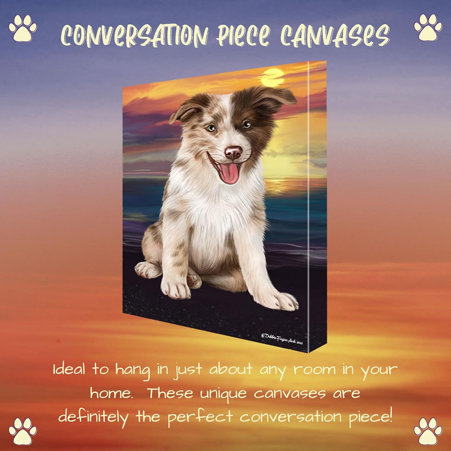 Sunset with Border Collie Dogs Canvas Wall Art - Premium Quality Ready to Hang Room Decor - White Floating Framed 16" x 16"