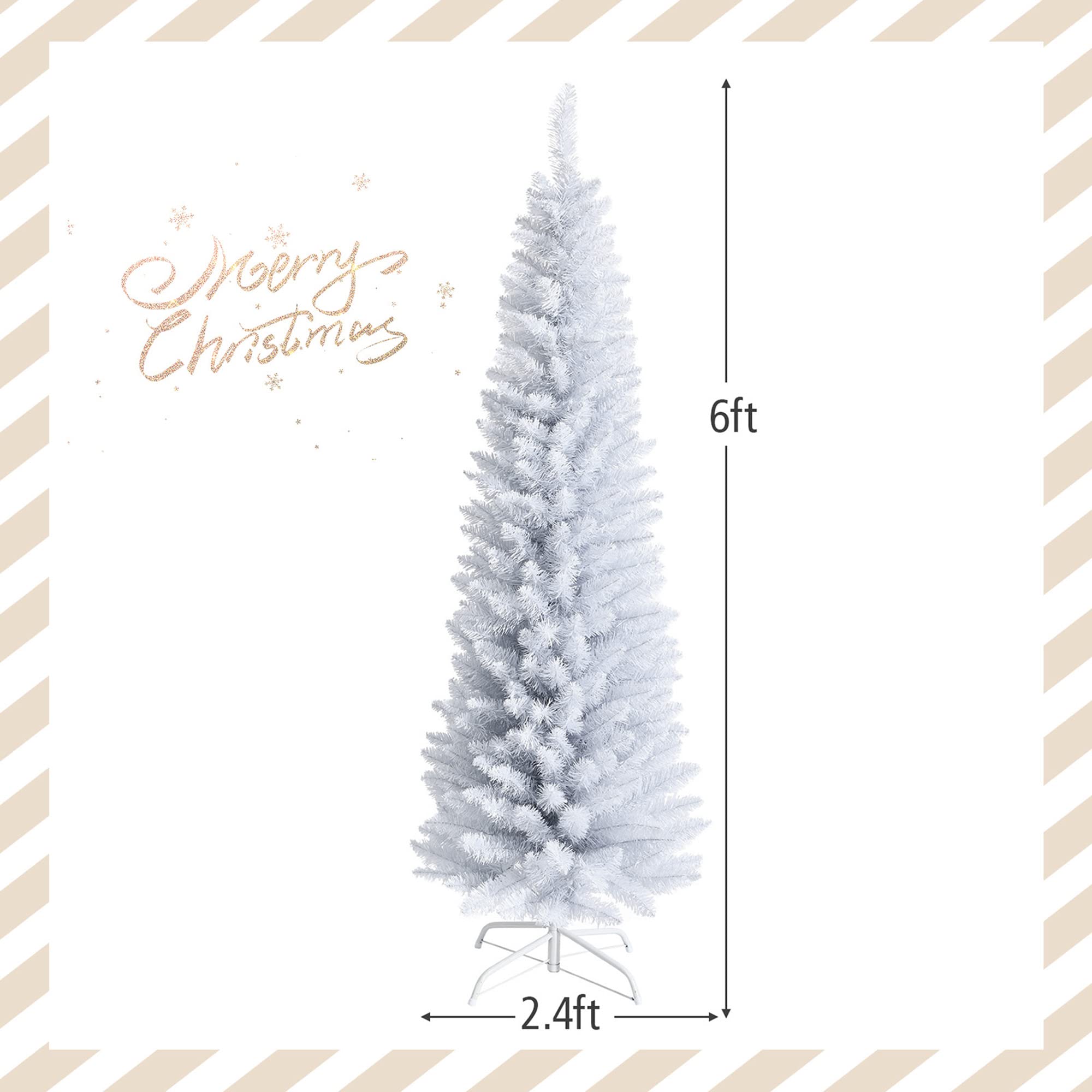 DORTALA White Pencil Christmas Tree 6 FT, Unlit Artificial Slim Xmas Tree with 340 Branch Tips, Metal Stand, Skinny Christmas Tree for Home Office