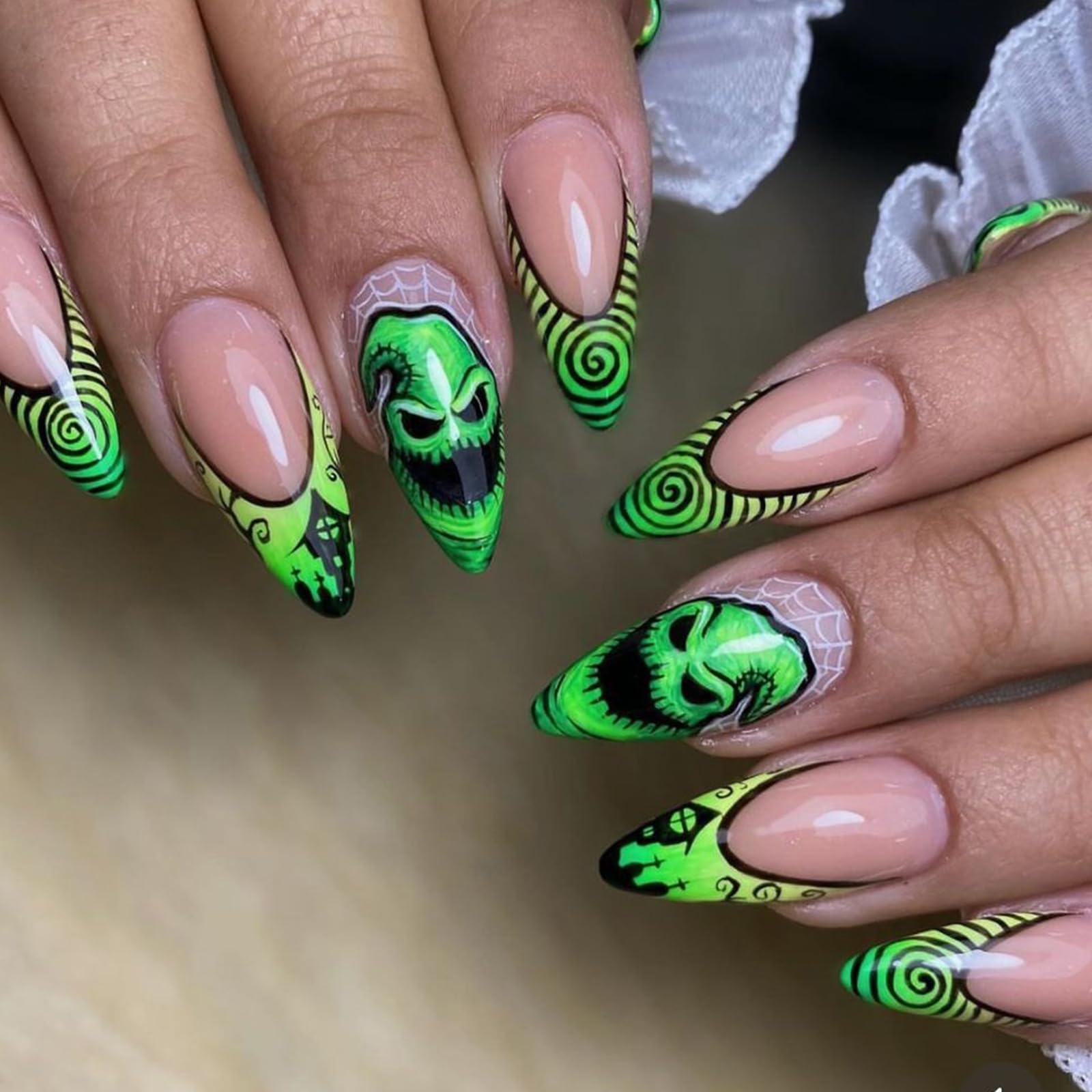 Green French Tip Press on Nails Medium Halloween Fake Nails Almond Shaped False Nails Horror Monster Designs Stick on Nail Full Cover Glue on Nails