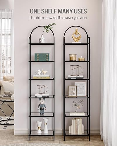 Miniatura 3 de Estantería de vidrio templado, estantería delgada para dormitorio, baño, oficina en casa, marco de acero, negro de 6 niveles BC10601B