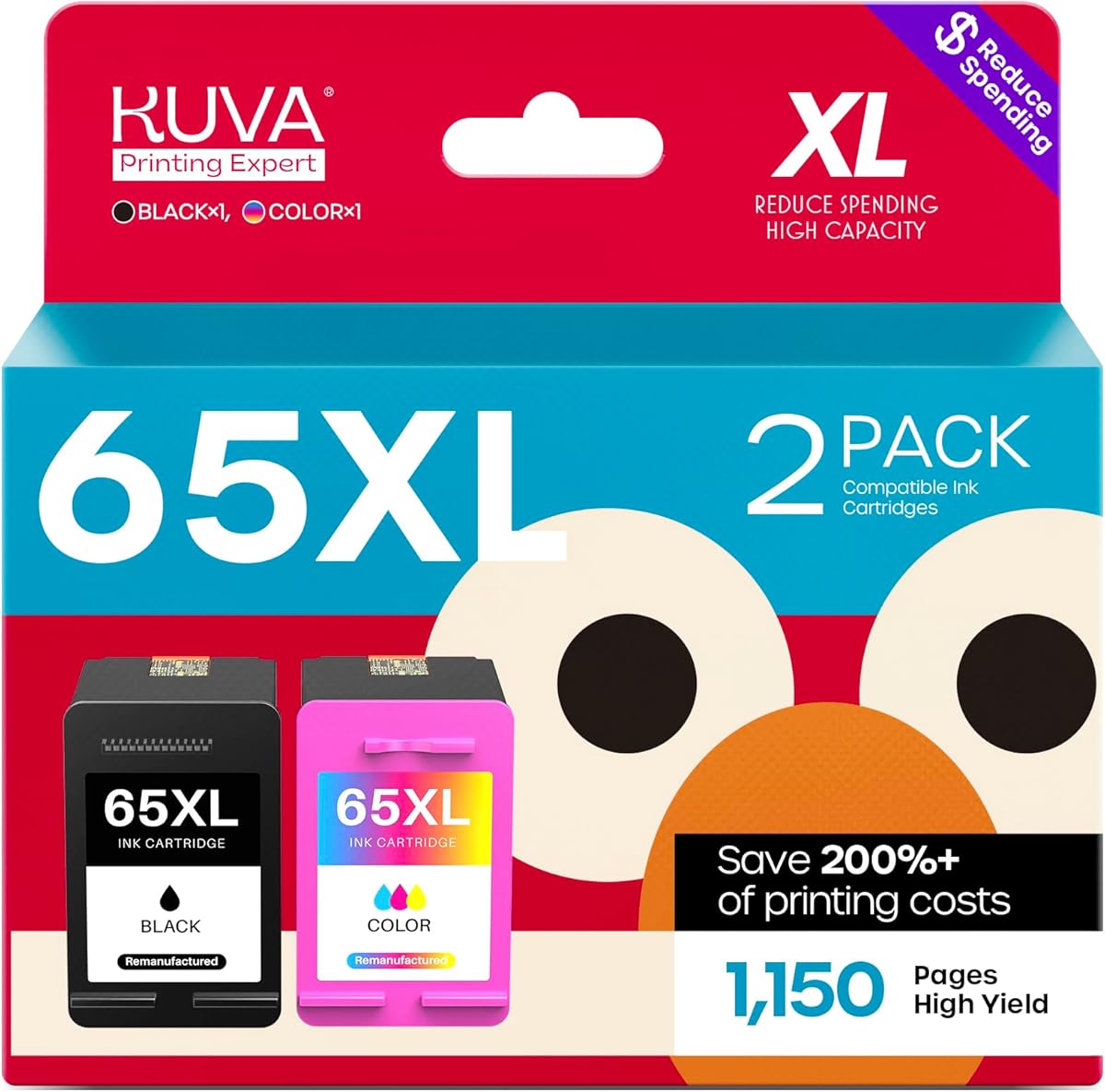 65XL 65 Ink Cartridges Black Color Combo Pack High-Yield Replacement for HP Ink 65 HP65XL for HP Deskjet 3755 Ink Cartridges Envy 5055 5052 5058 DeskJet 2655 3720 3722 3723 3758 2652 (1 Black,1 Color)