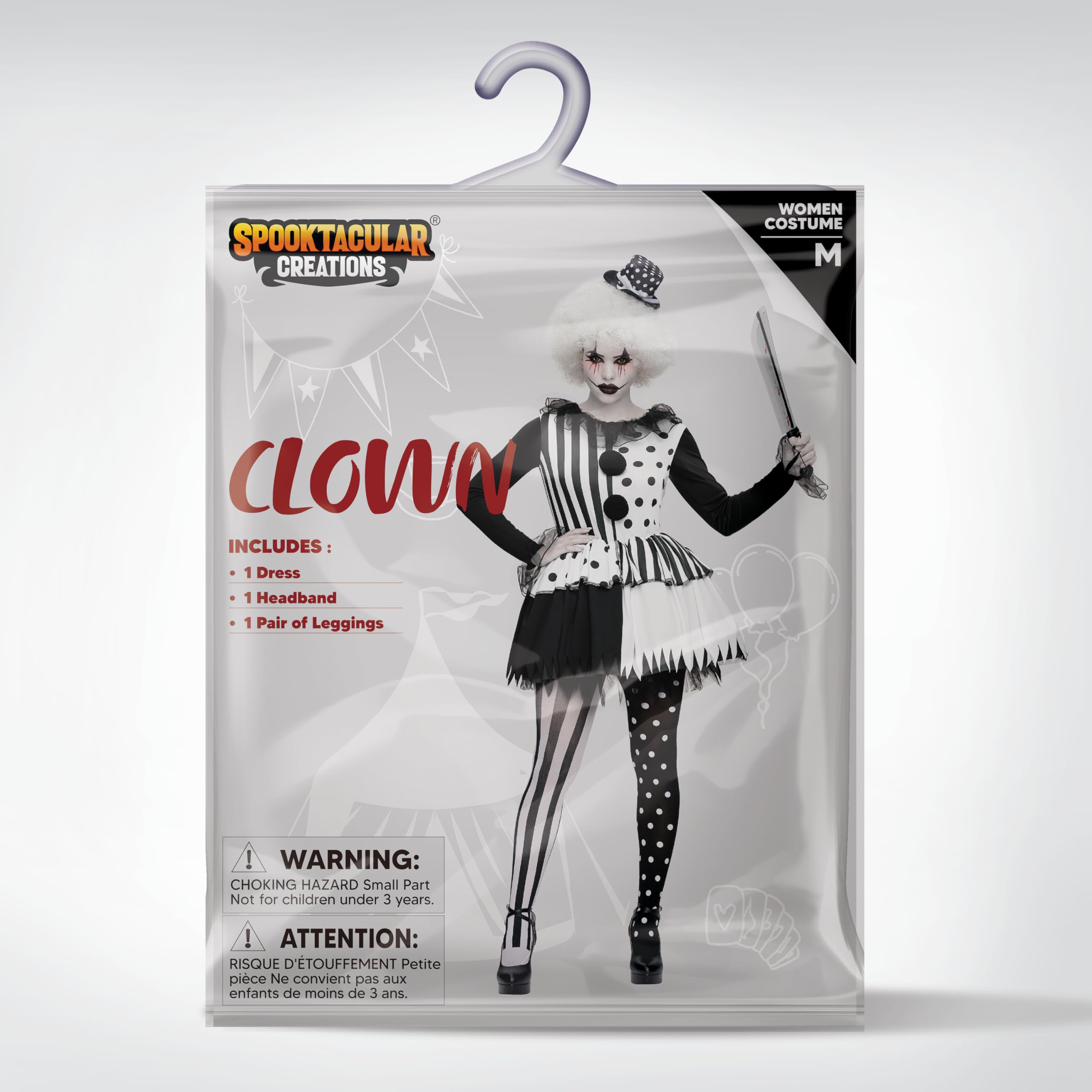 Spooktacular Creations Kostium klauna dla dorosłych kobiet, czarno-biały, na Halloween, kostium przerażający dla dorosłych, cosplay, rozmiar S