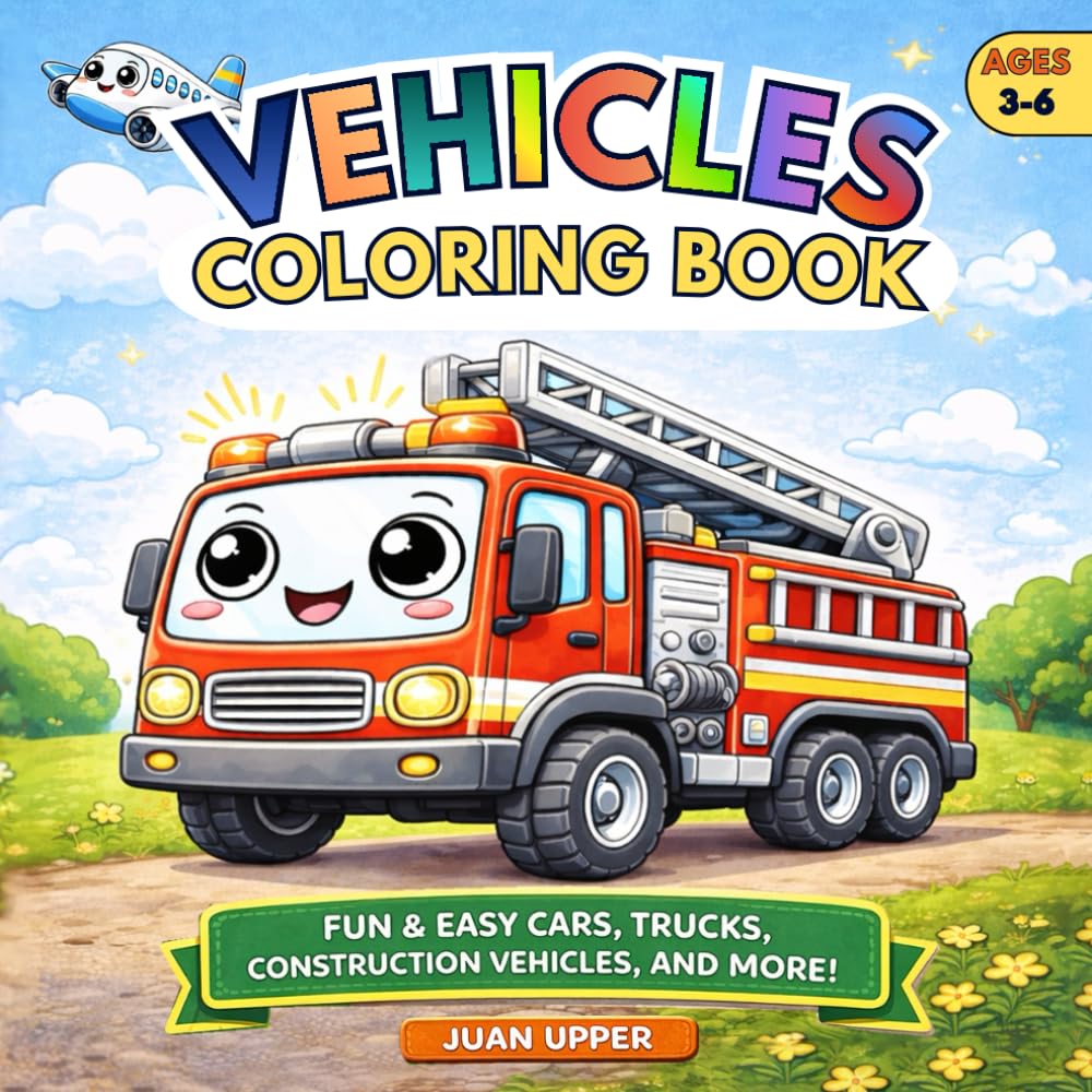 Vehicles Coloring Book: Fun & Easy Cars, Trucks, Construction Vehicles, and More for Ages 3 to 6