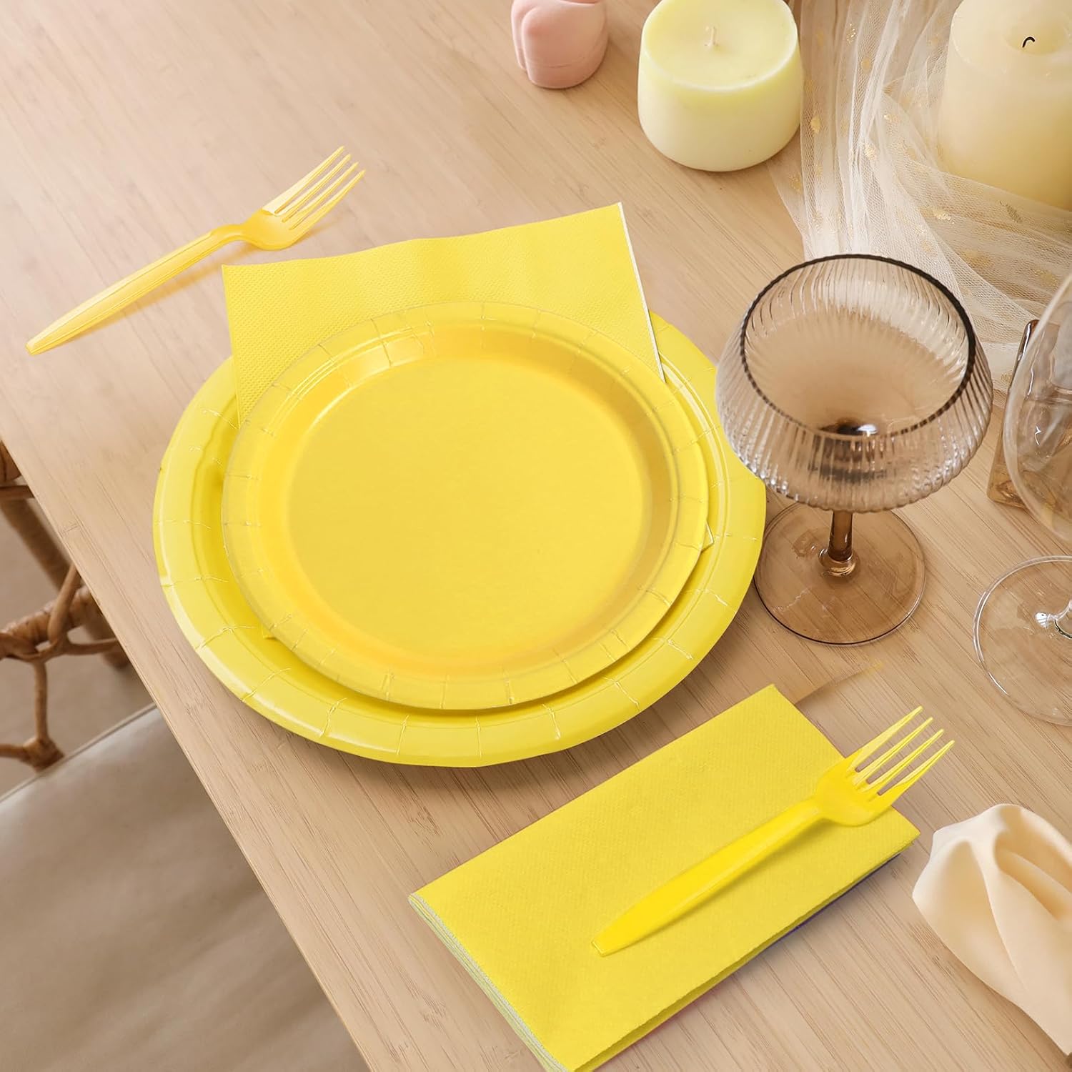 96 Pcs Party Plates, Yellow Paper Plates and Napkins, Disposable Tableware Set, Party Supplies for Kids Birthday Baby Shower Wedding Picnic, Serve for 24 Guests - Image 4