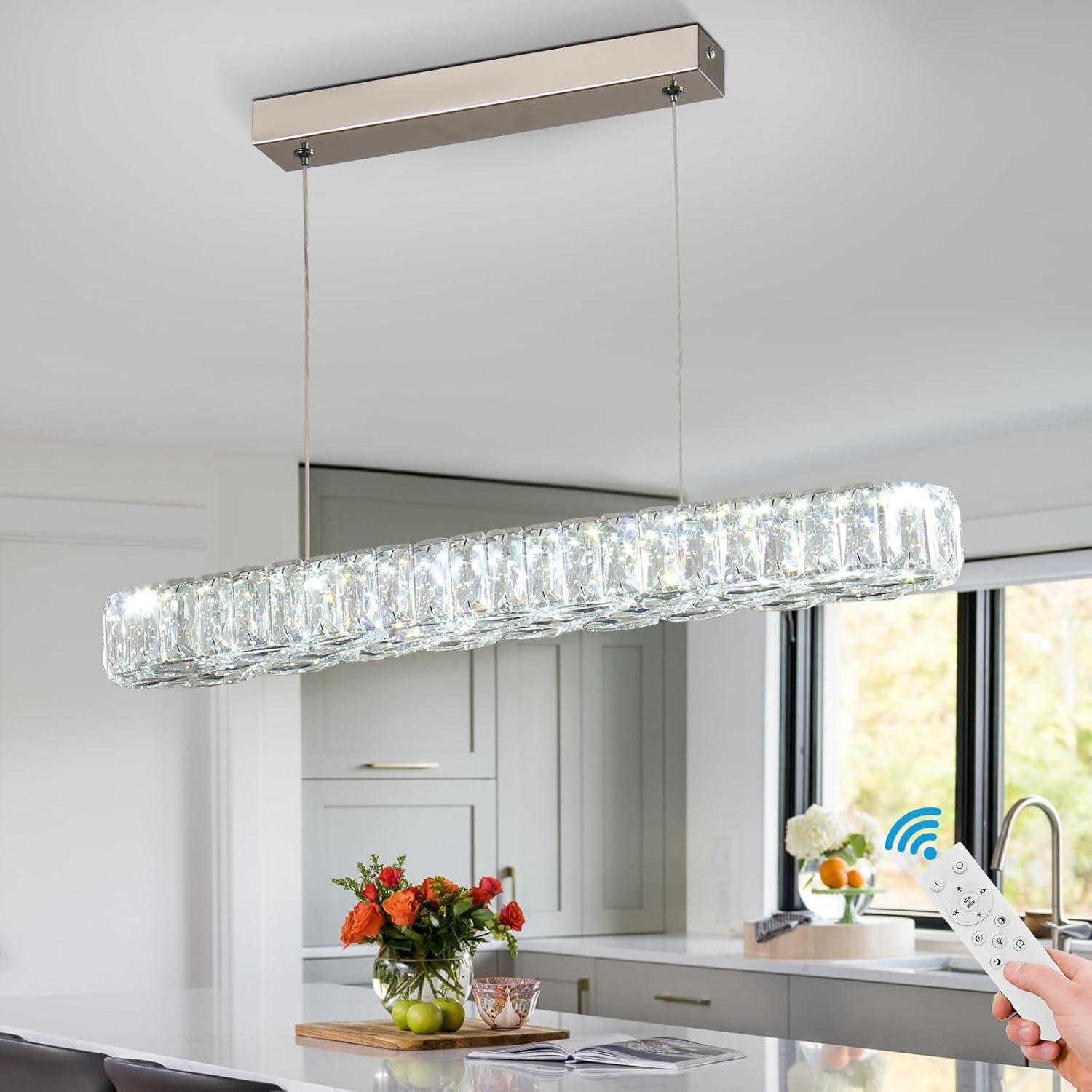 54.4cm Linear Crystal Pendant Light Dimmable with Remote