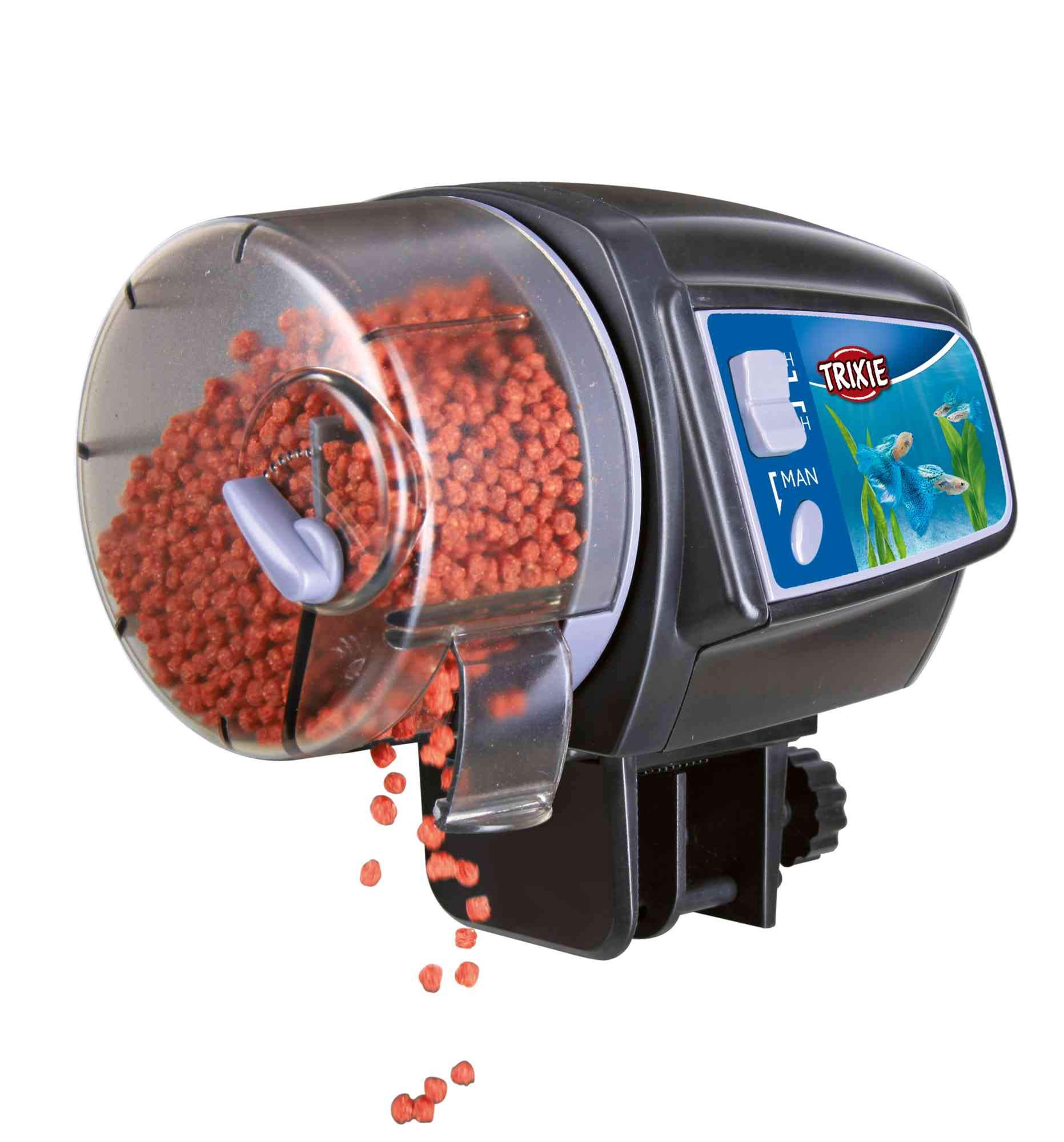 TRIXIE Automatic Fish Feeder mounted on an aquarium