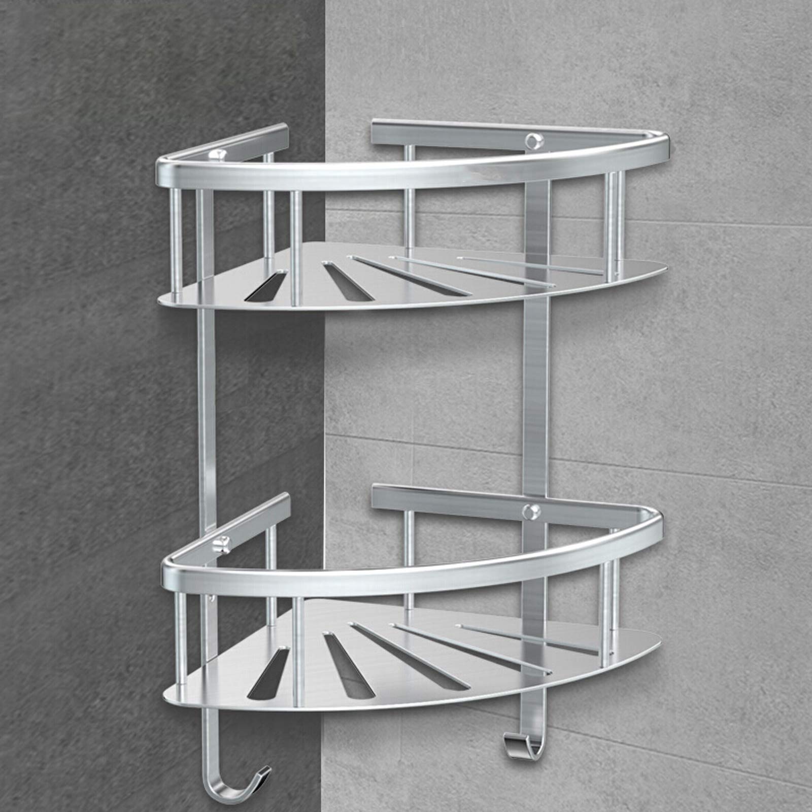 Przechowywanie w łazience 2 poziomy Narożny kosz prysznicowy Nierdzewny aluminium Kuchnia Organizator prysznicowy Naścienny trójkątny uchwyt na gąbkę mydlaną z 2 haczykami