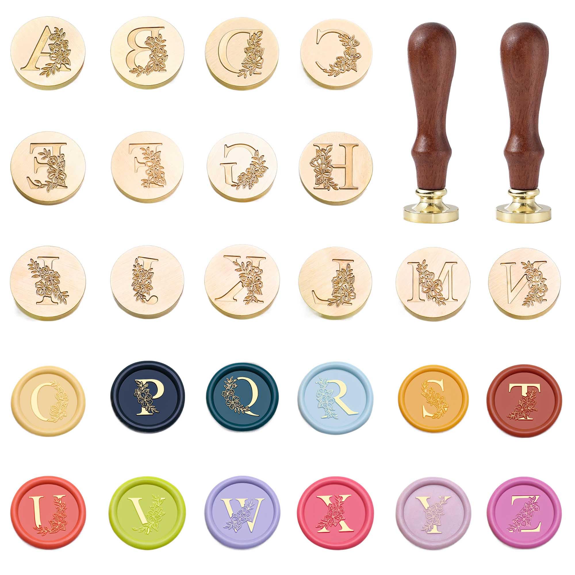 Statice Letter A-Z Wax Seal Stamp Kit - 26Pcs Initial Sealing Wax Stamps with Flower,0.98 inch/25mm Brass Alphabet Graphic Stamps for Envelopes,Invitations