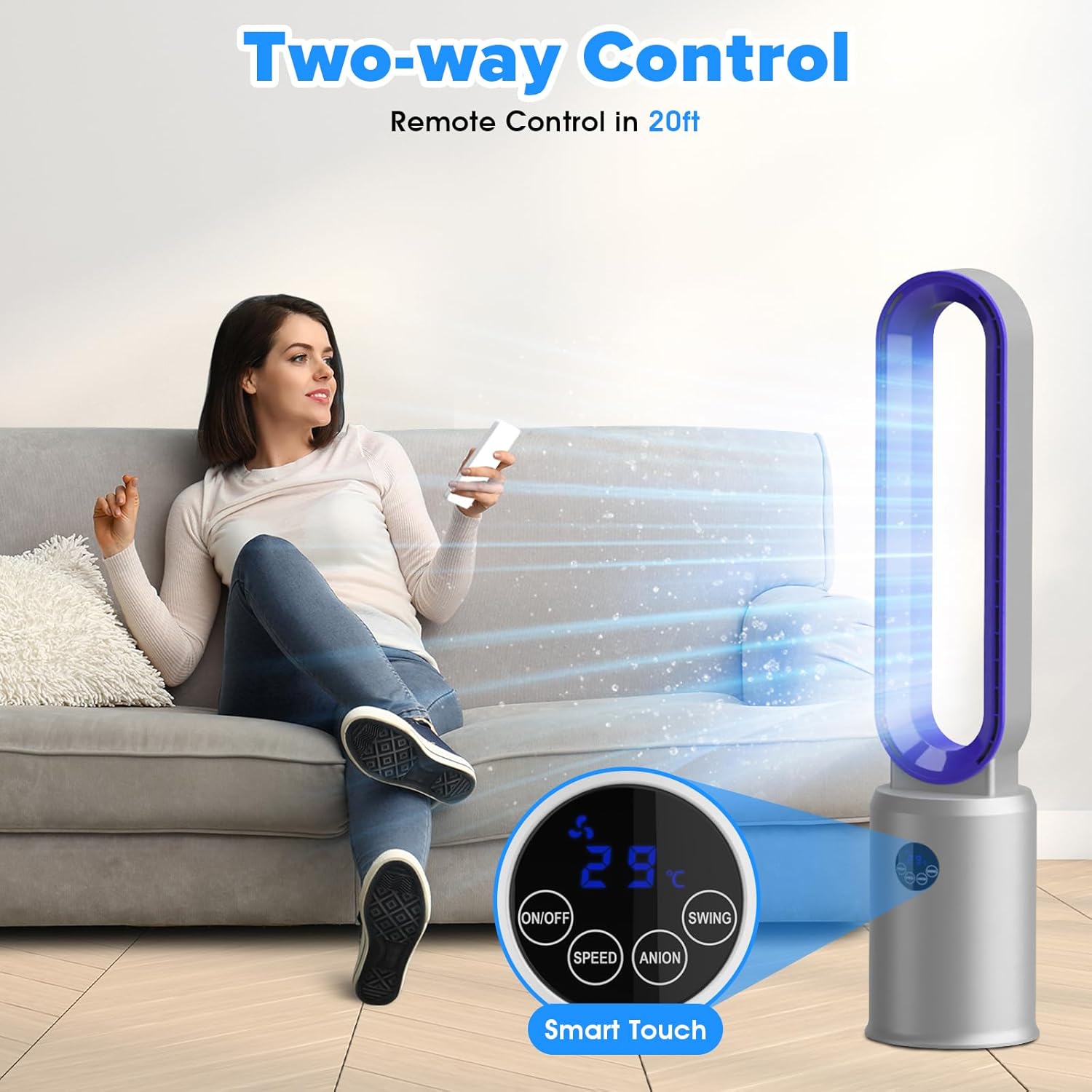 Bladeless Tower Fan with Remote, Air Circulator Cooling Fan for Indoor Use, 24 Speeds Settings, 12 Timer, Quiet Oscillating Fan for Home Bedroom