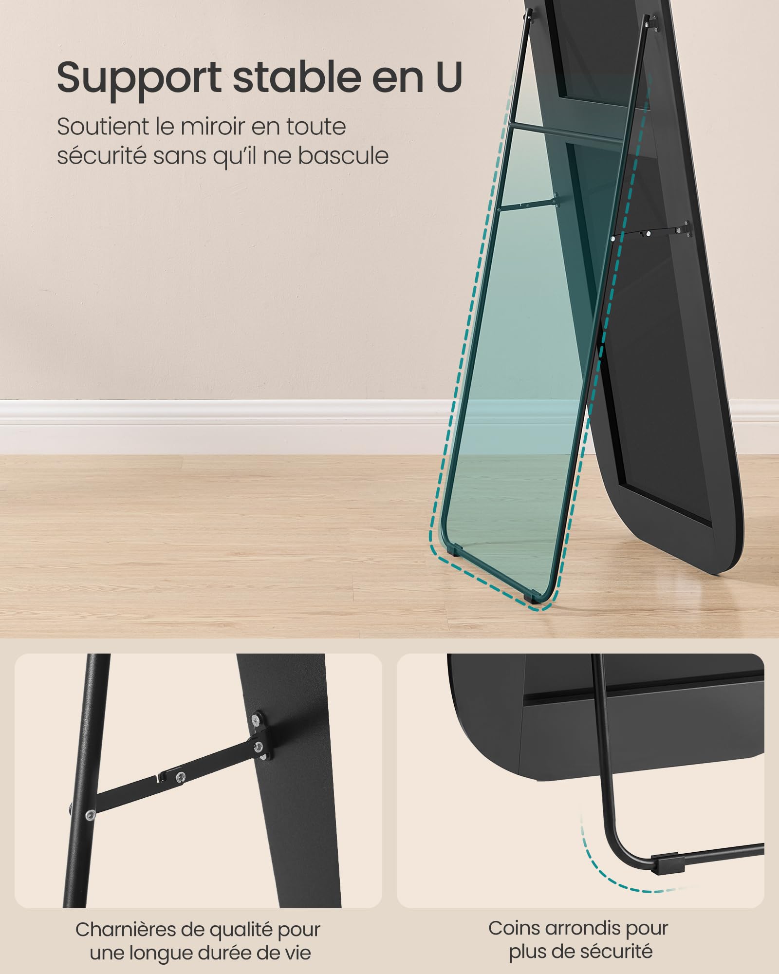 SONGMICS Miroir sur Pied Pleine Longueur 160 x 50 cm Cadre en Aluminium Noir d'encre