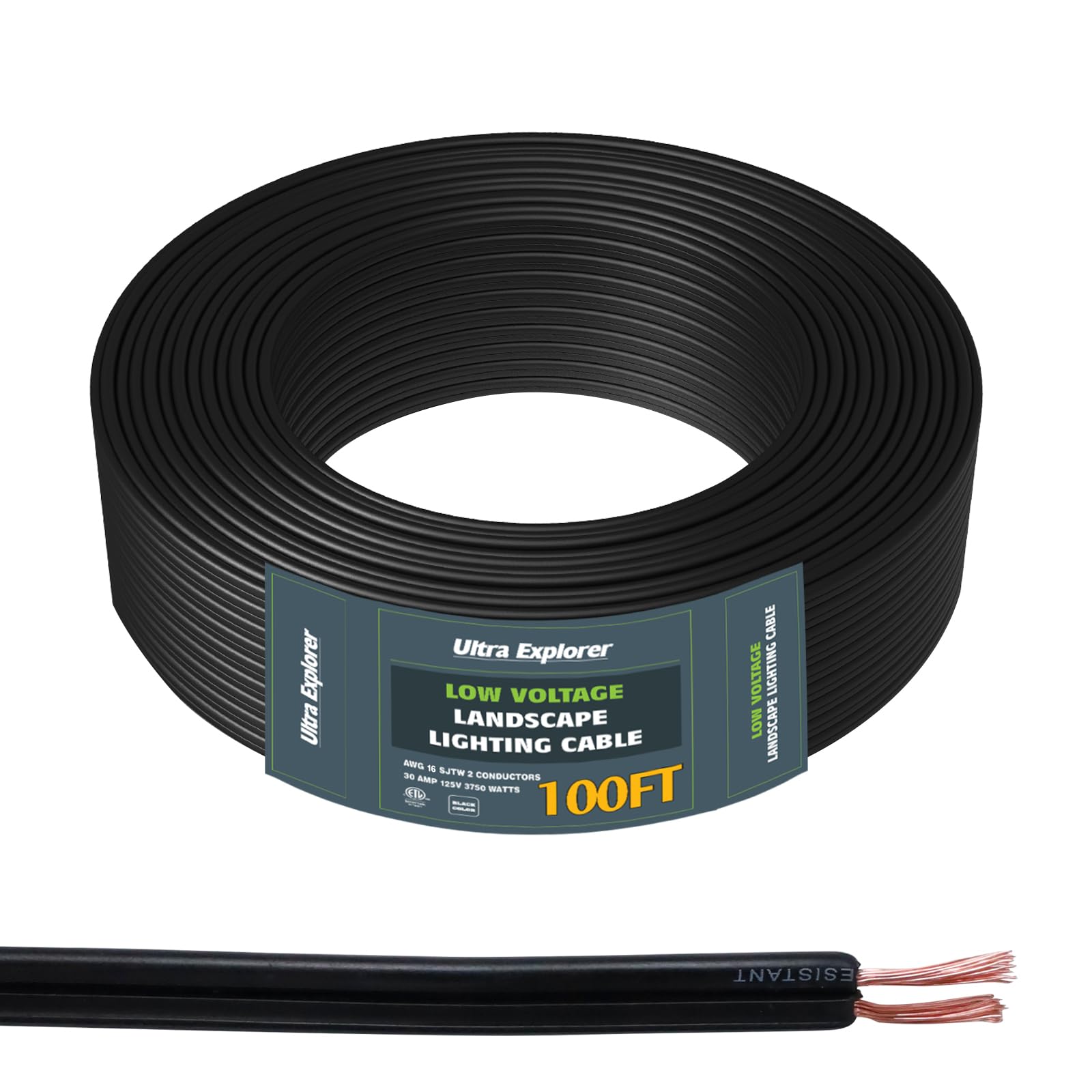 Ultra Explorer 16/2 Low Voltage Landscape Lighting Wire, Outdoor Direct Burial Cable, 16 Gauge 2 Conductor, 100 Feet