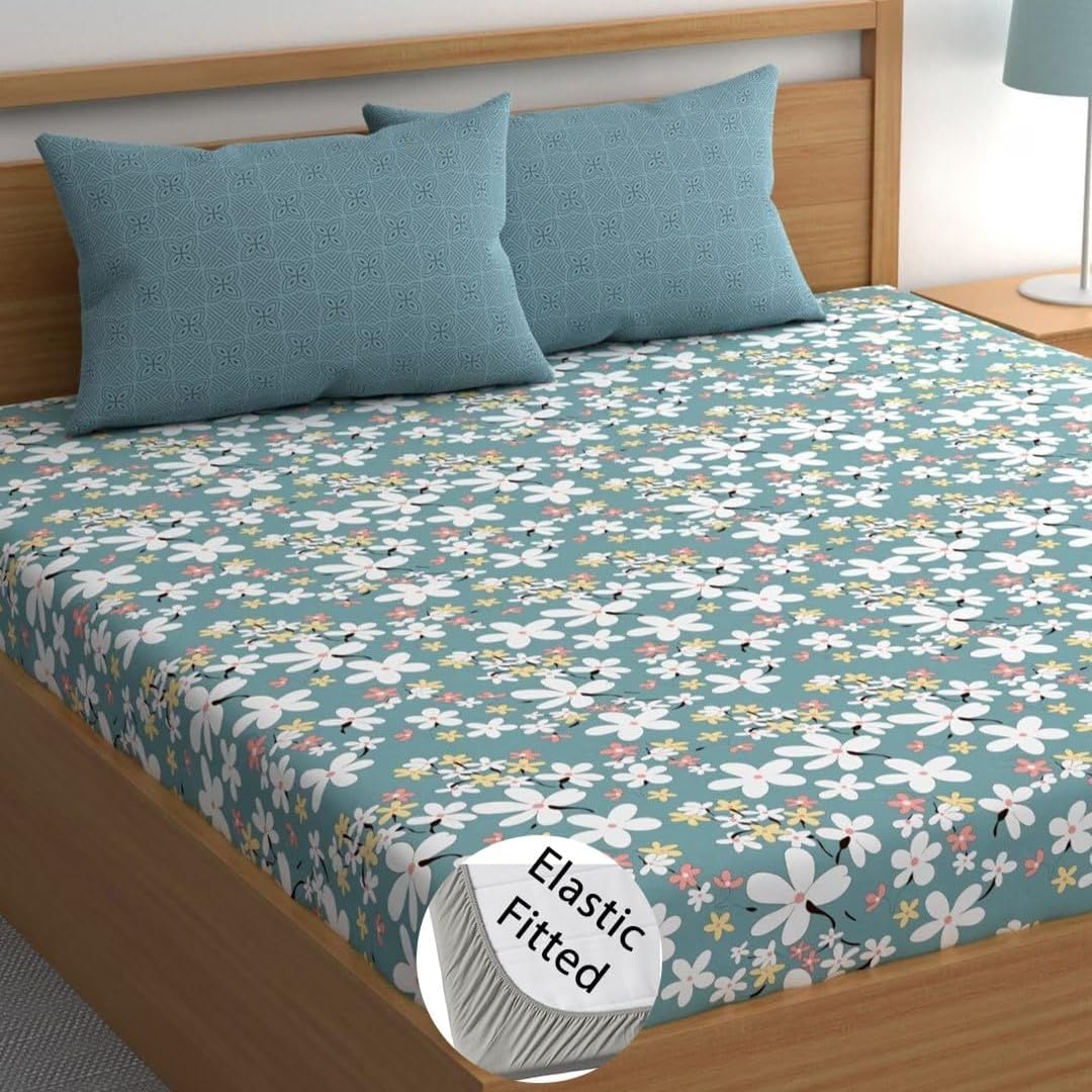 LOOMLYFE 300 TC Cotton Feel Glace Cotton Elastic Fitted Printed King Size Double Bed Bedsheet with 2 Pillow Covers Fits Upto 8 inches Mattress, Size- 72X78 Inches, SkyBlue