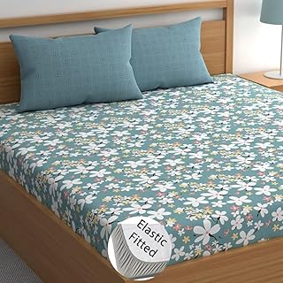 Sponsored Ad - LOOMLYFE 300 TC Cotton Feel Glace Cotton Elastic Fitted Printed King Size Double Bed Bedsheet with 2 Pillow...