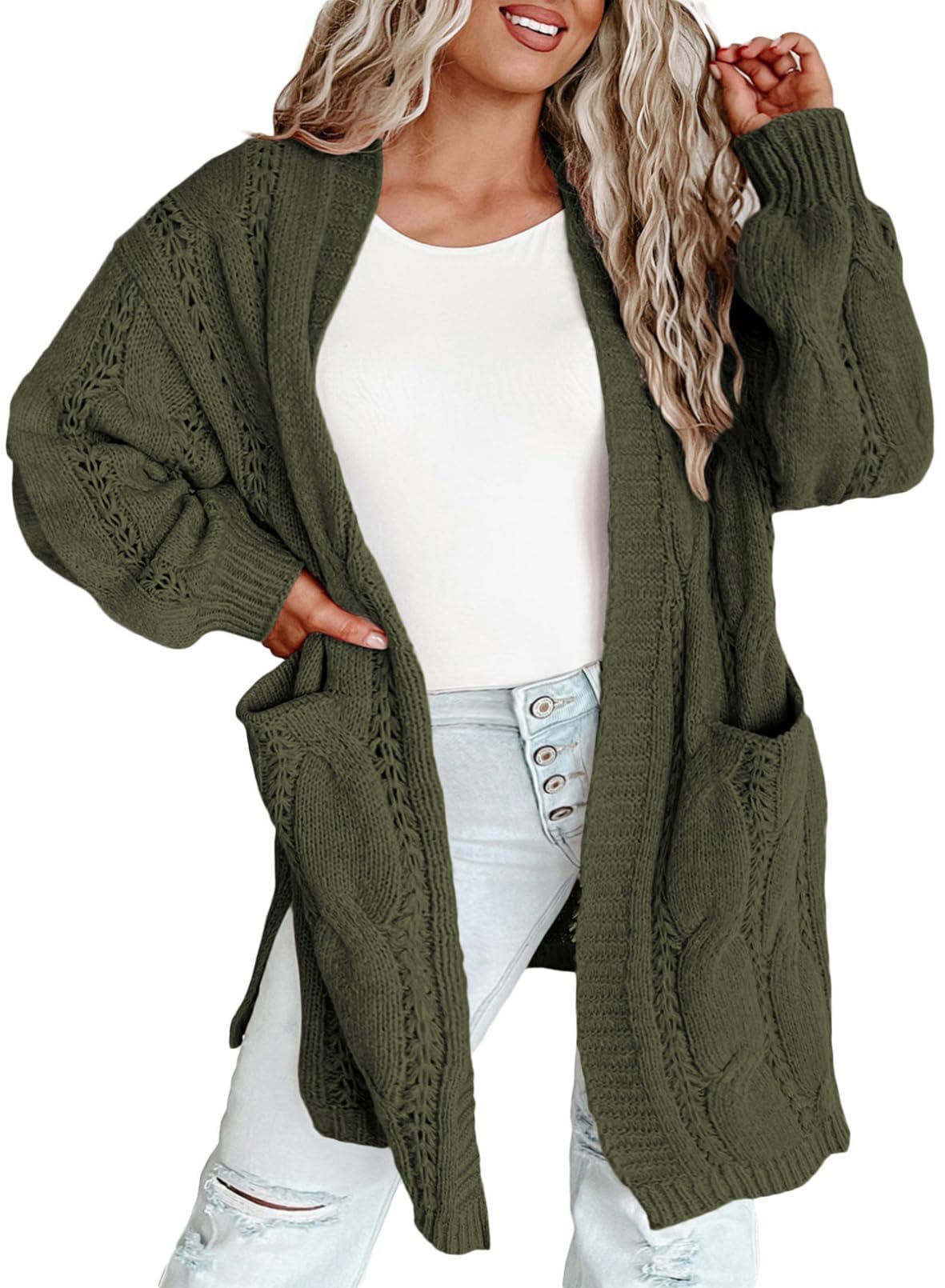 Eytino Plus Size Cardigans for Women Open Front Long Sleeves Lightweight Fall Sweaters with Pockets 1X-5X