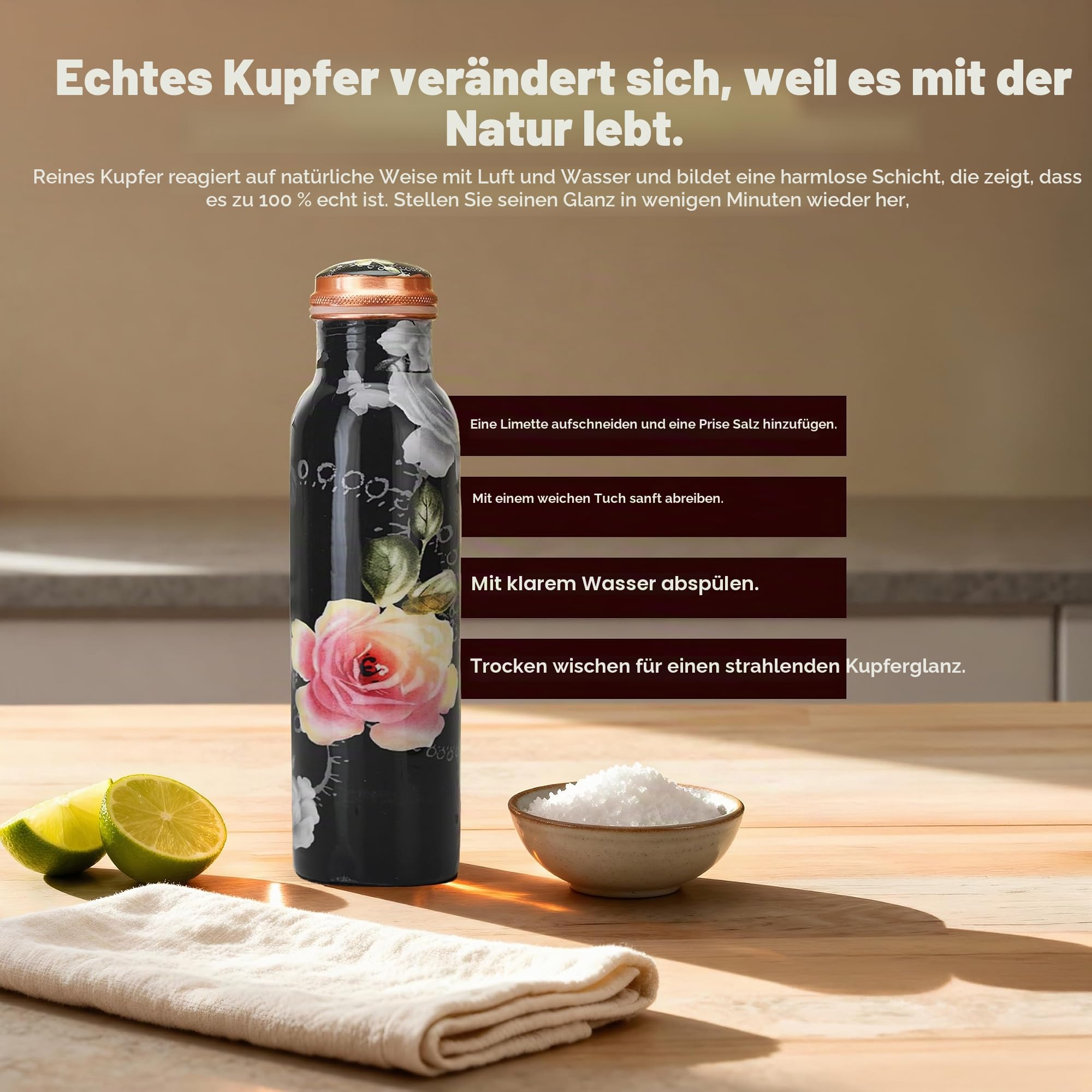 Wasserflasche aus reinem Kupfer (groß), handgefertigt, auslaufsicherer Deckel; ideal für Reisen, Fitnessstudio, Büro, Wandern, Outdoor-Aktivitäten, Yoga – 2 Stück