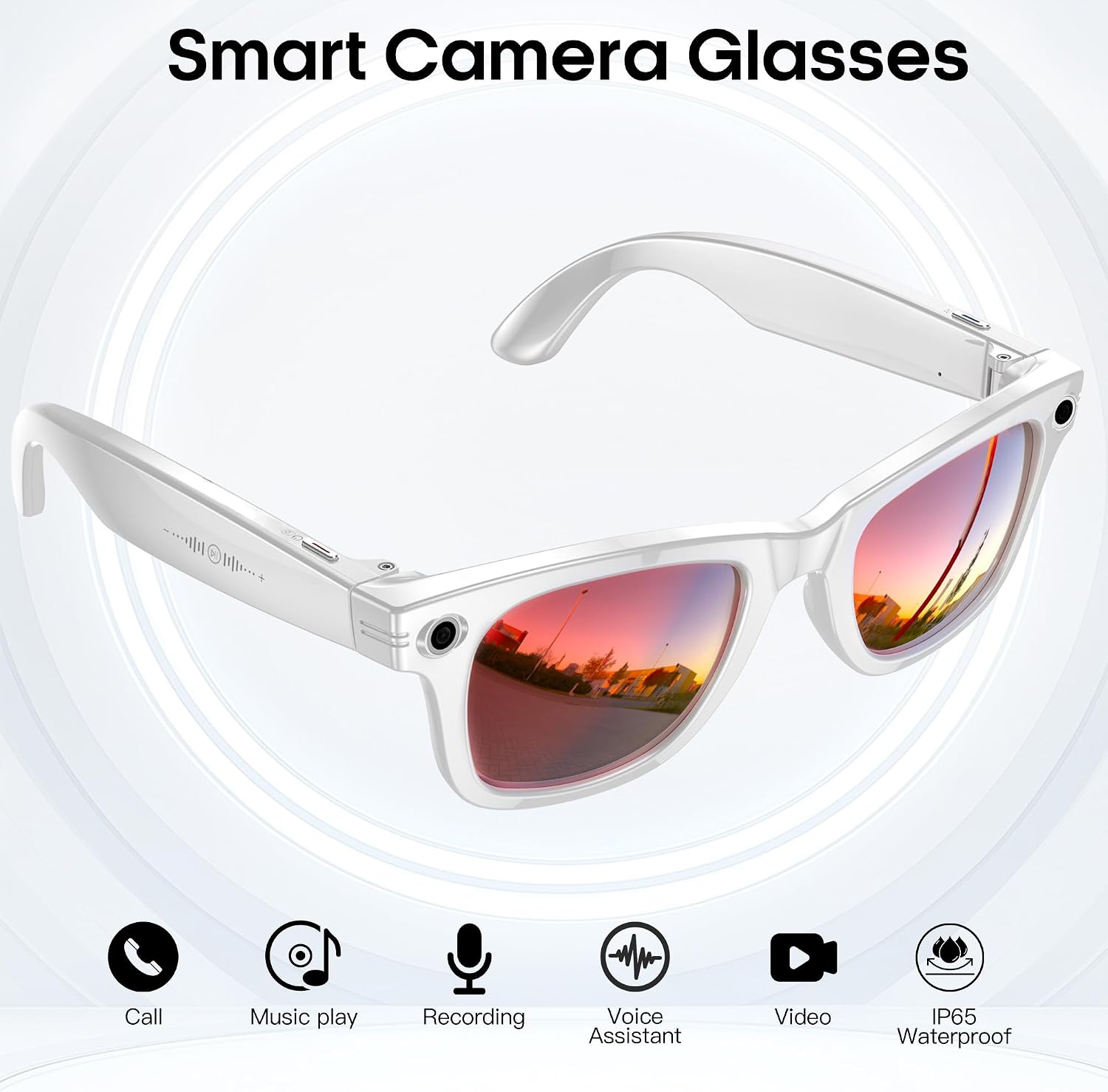 Image showing a group of friends taking a selfie with the smart camera glasses, illustrating 4K HD recording capability.
