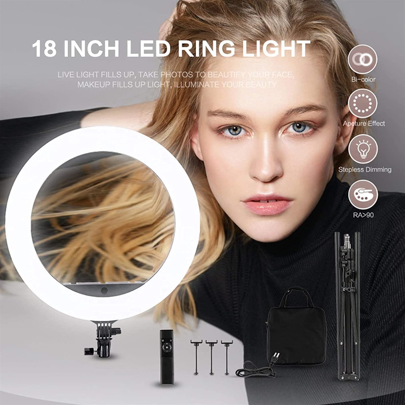 Anello Luminoso per Selfie da 18" con Supporto per treppiede da 74" Anello Luminoso a LED con Anello Porta Telefono Cerchio Luminoso dimmerabile per Streaming Live/Video/Trucco/Fotografia