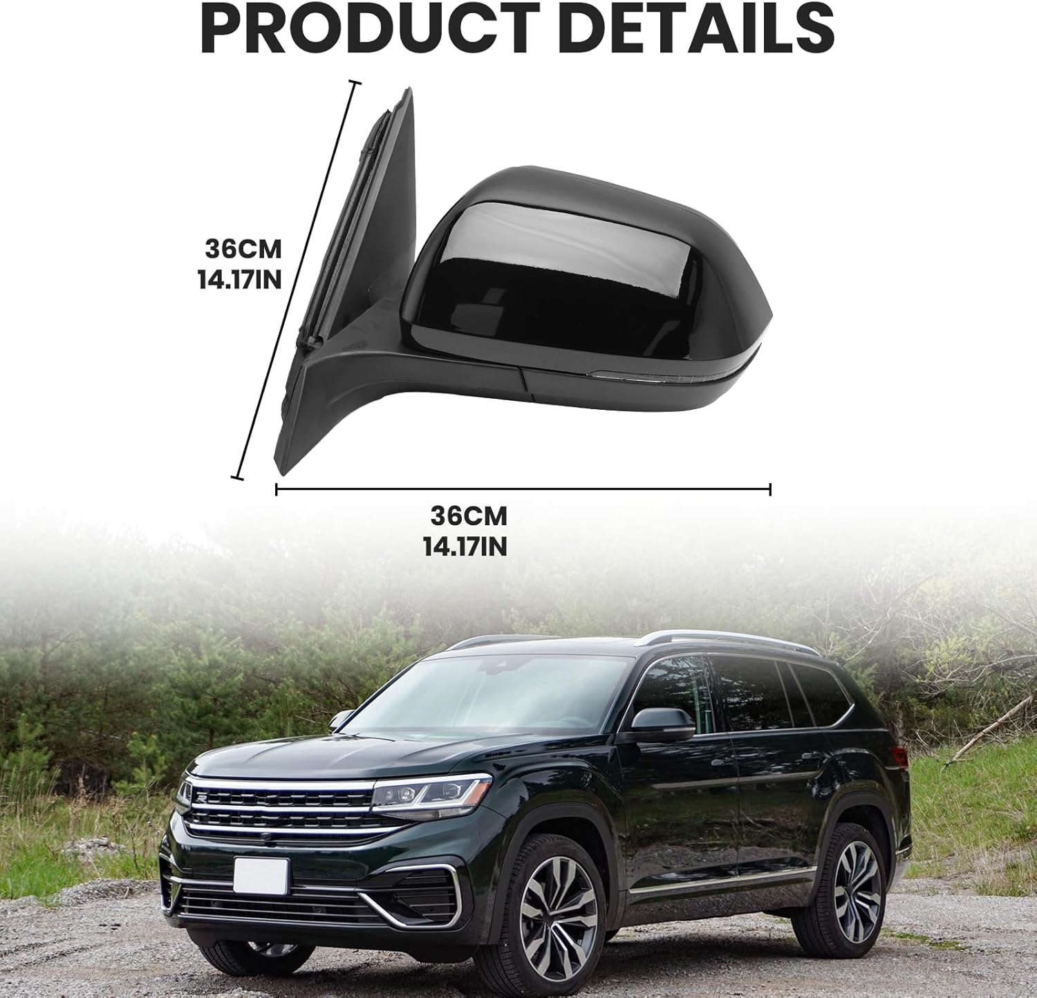 Left Driver Side Mirror Compatible with Volkswagen Atlas Teramont 2018 2019 2020 2021 2022 2023 2024 with Turn Signal Power Heated with Blind Spot Manual Folding (6+2 Pins Black)