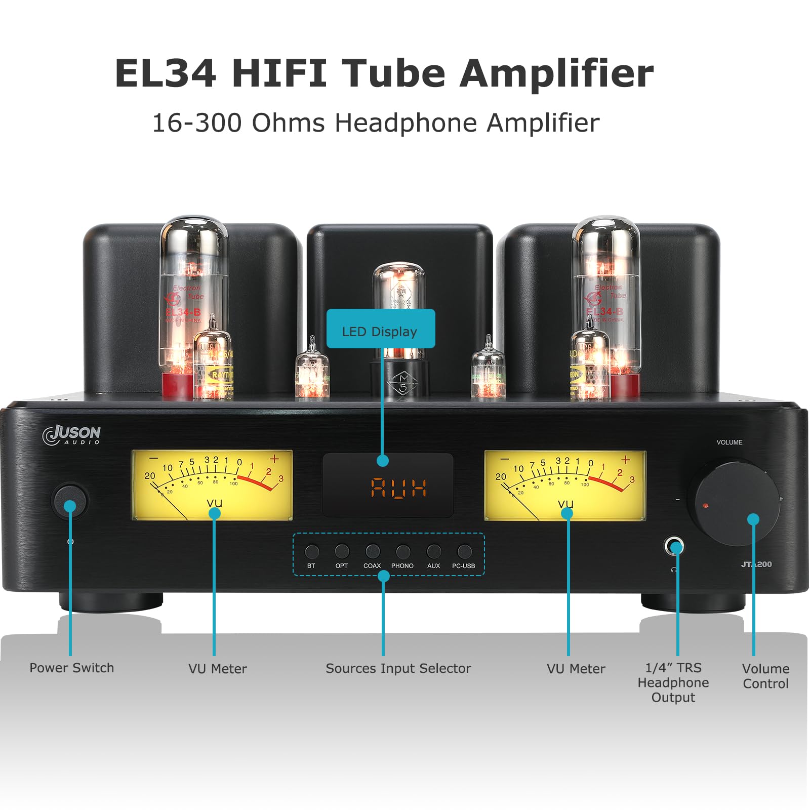 Juson Audio JTA200 150W RMS x 2 | EL34 HiFi Class AB Hybrid Stereo | Amplificatore tubolare con BT 5.4, compatibile con giradischi e cuffie ad alta ohm | Amplificatore tubolare da 150 W x 2, Hifi Class AB stereo amplificatore EL34, amplificatore tubolare