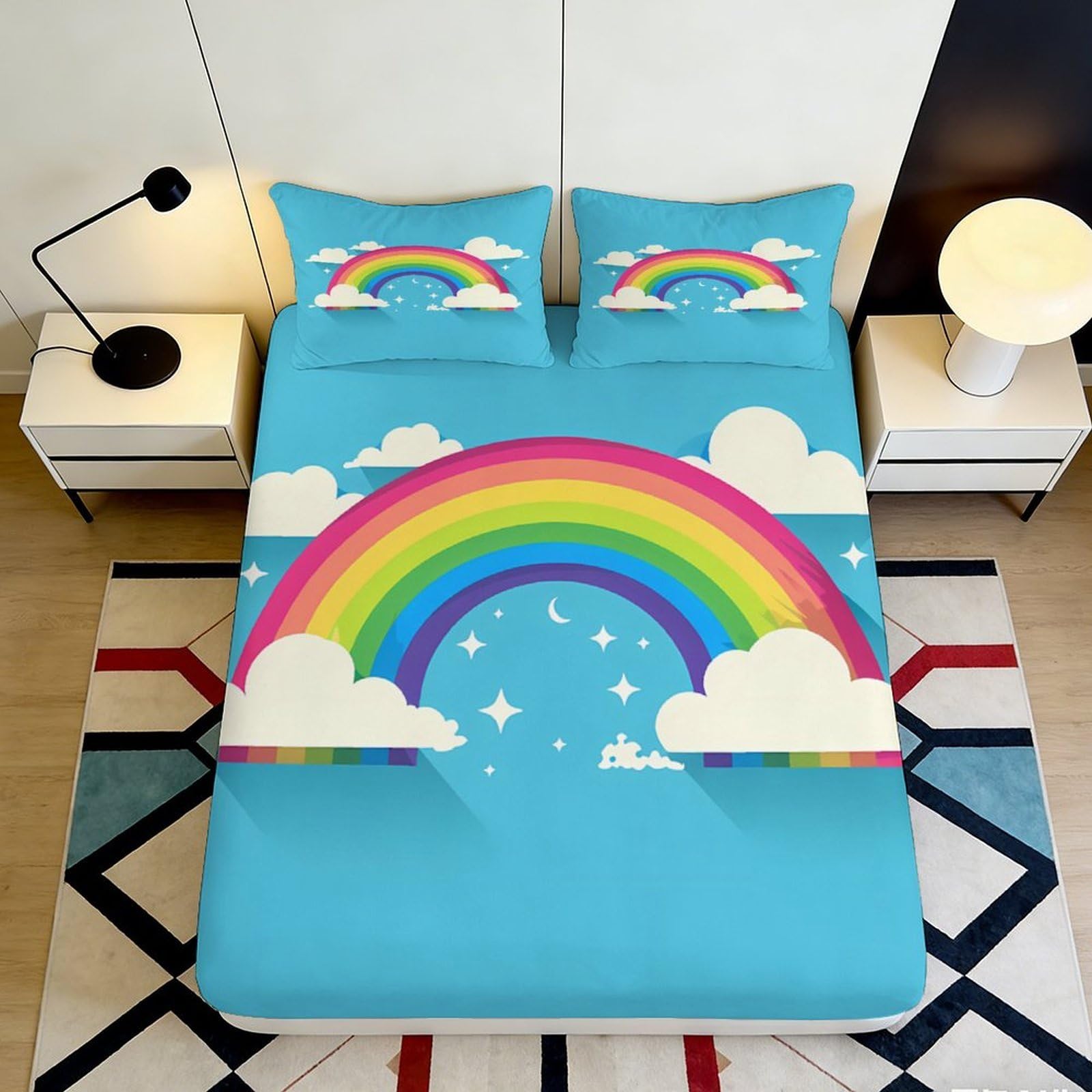 3D Printed Rainbow Cloud Fitted Sheet Microfiber Mattress Cover Blue Cartoon Bedroom Dorm Decor Anti-Slip Washable Protector 120x200x25cm